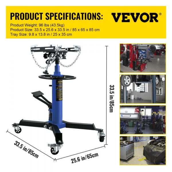 VEVOR transmission jack with product specifications, blue base, and various automotive repair scenes.