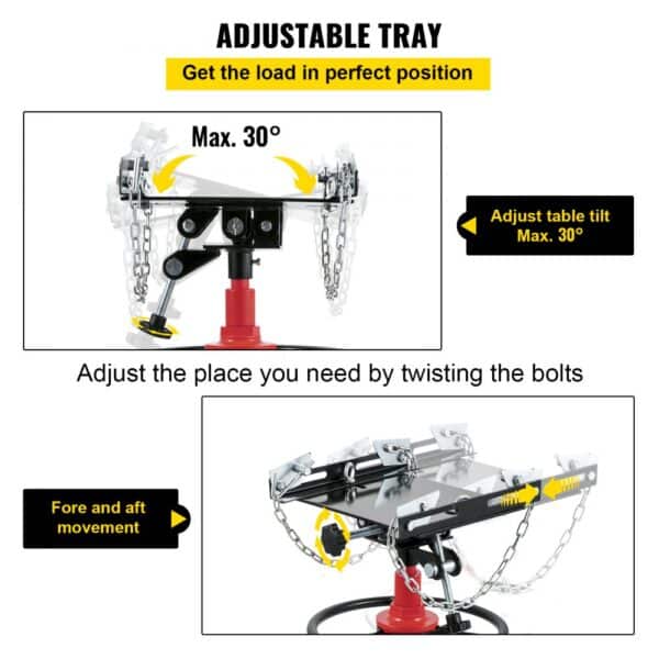 the VEVOR transmission jack adjustable tray tilts up to 30 degrees for precise load positioning.