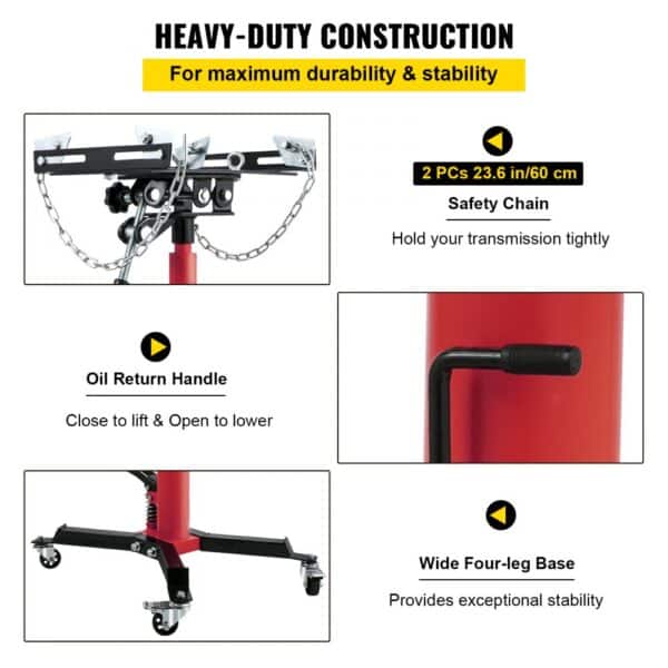 VEVOR transmission jack with safety chain, oil return handle, and wide four-leg base for stability.