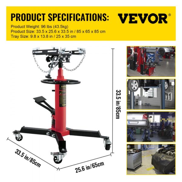 VEVOR transmission jack specifications: height 33.5 in, width 25.6 in, tray size 9.8 x 13.8 in.