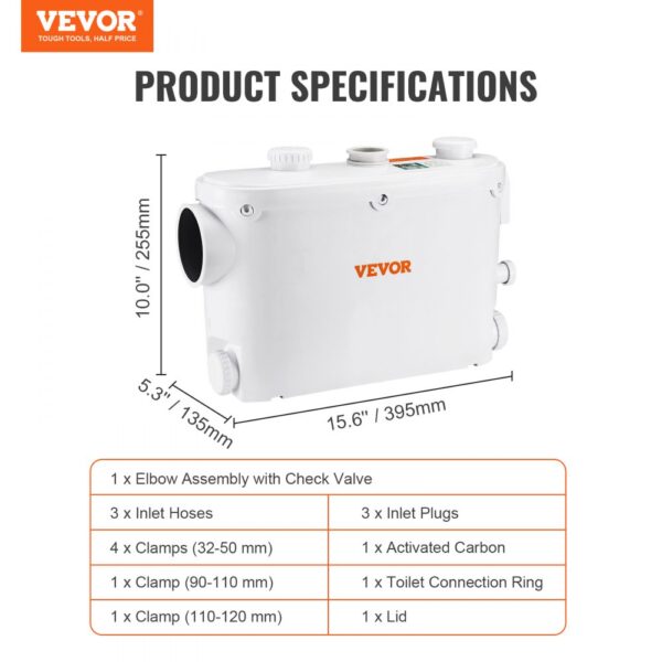 VEVOR Macerator Pump, 500W, 6600 L/h Flow, 26.2 ft/8 m Head, Macerator Sewerage Sump Pump with 3 Water Inlets for Toilet, Basement, Kitchen, Sink, Shower, Bathtub Waste Water Disposal Upflush Machine