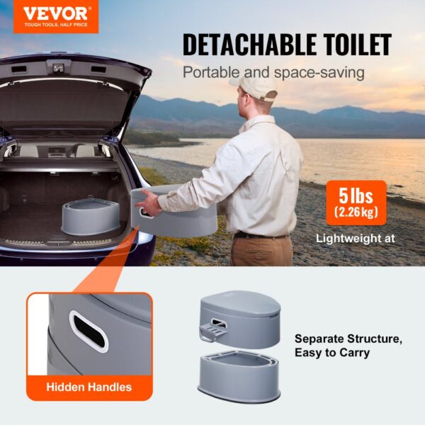VEVOR portable toilet, detachable, lightweight with hidden handles, shown in a car trunk by a lake.