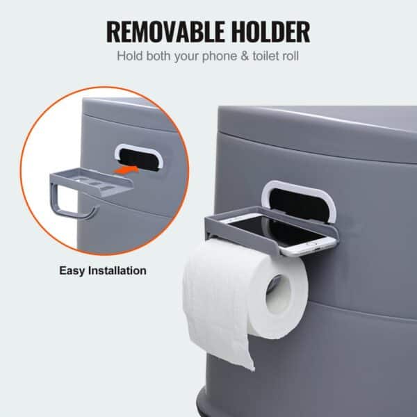 VEVOR portable toilet with removable holder for phone and toilet roll, easy installation.