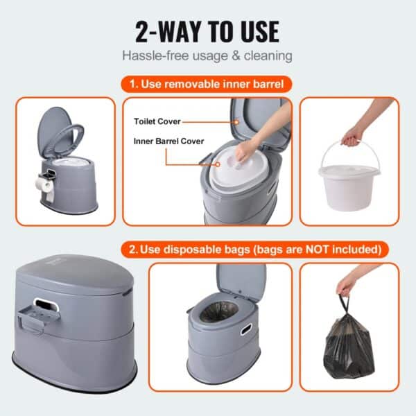 VEVOR portable toilet versatile use: removable inner barrel or disposable bags for easy cleaning.