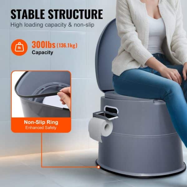 VEVOR portable toilet with 300lbs capacity, non-slip ring for safety, and a built-in toilet paper holder.