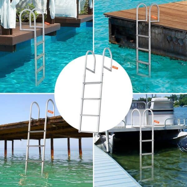 VEVOR dock ladder in various settings: poolside, dock, pier, and boat, showcasing versatility.