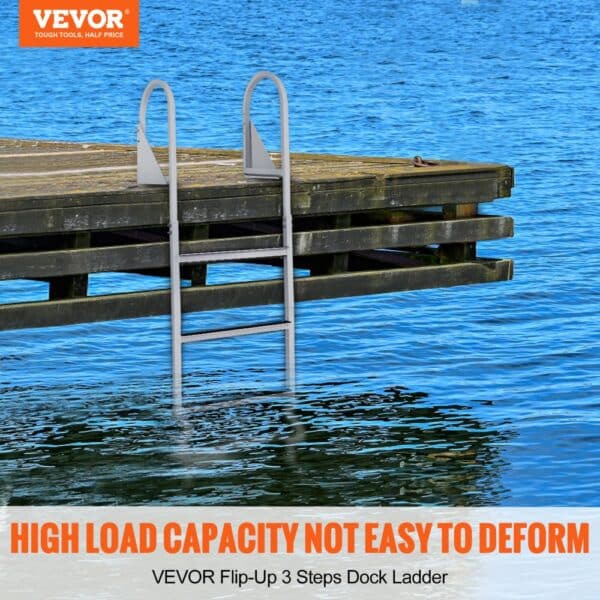 VEVOR Dock Ladder, Flip-Up 3 Steps, 350 lbs Load Capacity, Aluminum Alloy Pontoon Boat Ladder with 2'' Wide Step & Nonslip Rubber Mat, Easy to Install for Ship/Lake/Pool/Marine Boarding