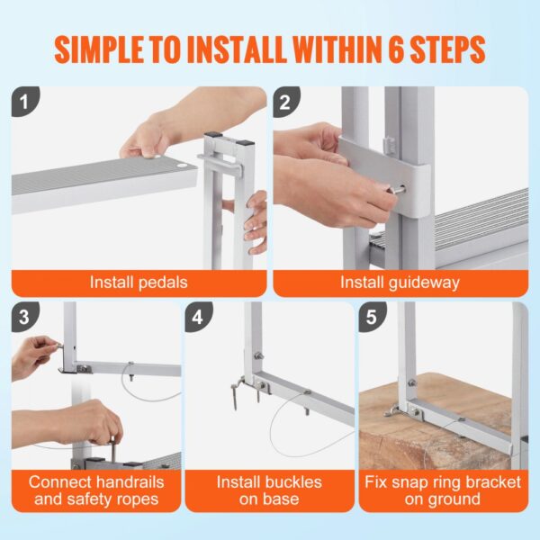 6-step installation guide for VEVOR dock ladder: attach nonslip pads, pedals, guideway, handrails, buckles, and snap ring bracket.