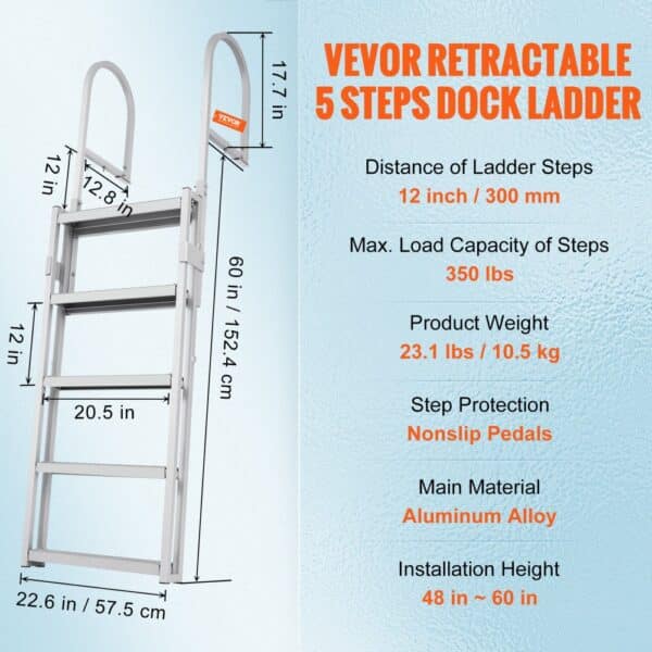 VEVOR dock ladder with 5 retractable steps, 350 lb capacity, 23.1 lbs weight, and nonslip rubber pads.