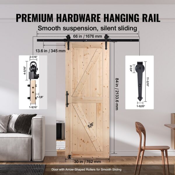 VEVOR barn door kit features a wooden barn door with premium hardware, smooth suspension, and silent sliding.