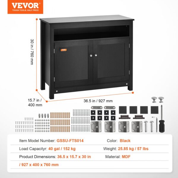 VEVOR aquarium stand, black, 36.5 x 15.7 x 30 inches with load capacity 40 gallons, assembly hardware included.