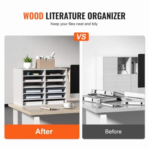 VEVOR literature organizers showcasing tidy desk setup vs. cluttered desk without organizer.