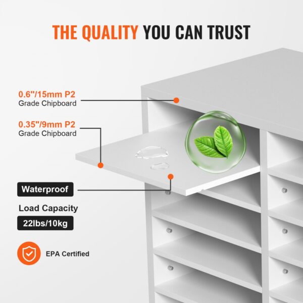 VEVOR literature organizers with p2 grade chipboard, waterproof, epa certified, 22lbs load capacity.
