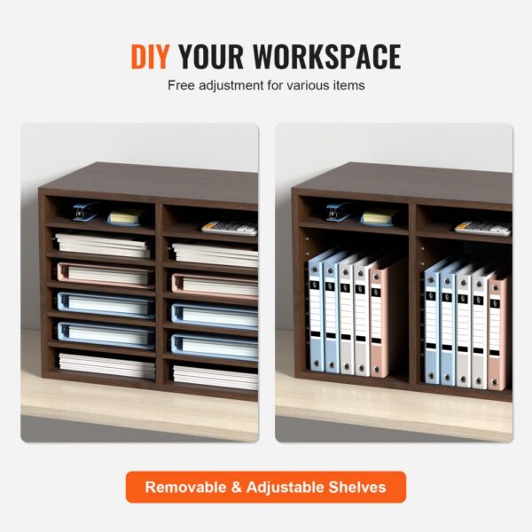 VEVOR literature organizers with removable shelves for customizable workspace organization, holding files and binders.