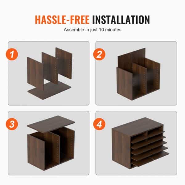 assembly steps for VEVOR literature organizers; 4 panels demonstrate hassle-free installation in 10 minutes.