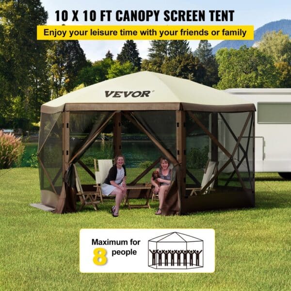 VEVOR camping gazebo tent set up near a camper van in a green park, providing shade and space for people.