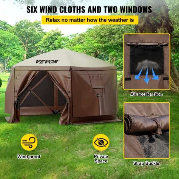 VEVOR camping gazebo tent with six wind covers, two windows, and privacy features in a green park.