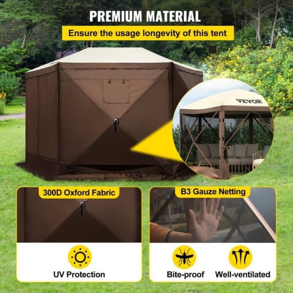VEVOR camping gazebo tent with 300d oxford fabric, uv protection, b3 gauze netting, and bite-proof features.
