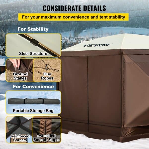 VEVOR camping gazebo tent with steel structure, ground stakes, guy ropes, reinforced corners, storage bag.