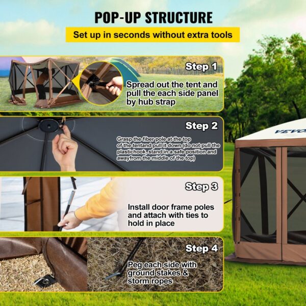 VEVOR camping gazebo setup steps: spread out tent, push center hub, install door poles, peg sides.