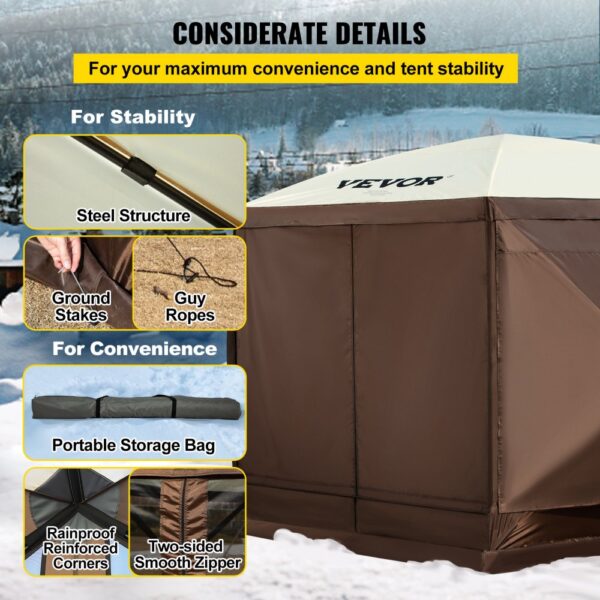 VEVOR camping gazebo with steel structure, ground stakes, guy ropes, storage bag, and smooth zippers.