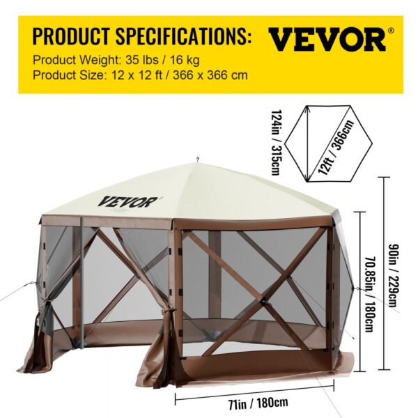 VEVOR camping gazebo - 12x12 ft, brown frame, mesh sides, cream canopy, product specs displayed.