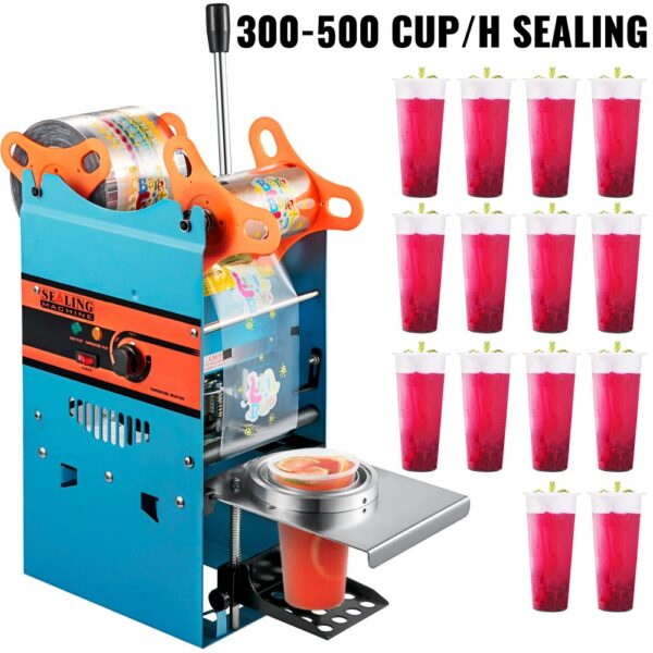 VEVOR Manual Tea Cup Sealer Machine, 300-500 Cup/h Manual Boba Tea Sealer Machine, Blue Boba Tea Sealing Machine, 90/95mm Cup Diameter Cup Sealing Machine with Heating Technology for Bubble Milk Tea