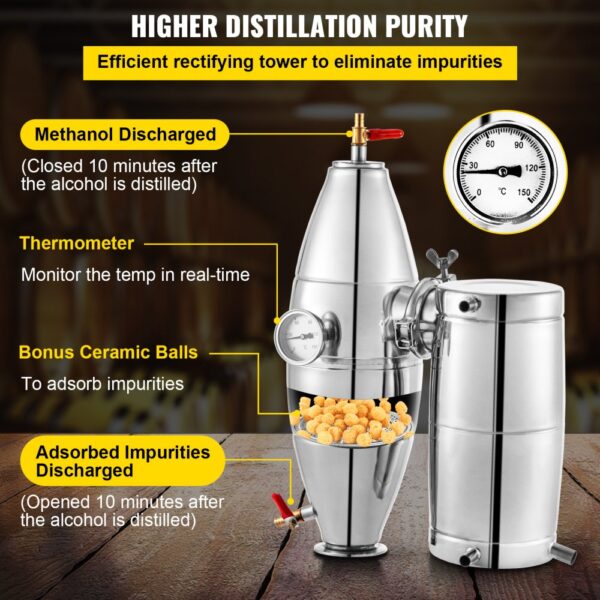 VEVOR Moonshine Still, 30L Water Distiller, 6.6Gal Essential oil Making Boiler, SUS 304 Moonshine Still Kit w/ Built-in Thermometer