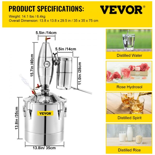 VEVOR Moonshine Still, 30L Water Distiller, 6.6Gal Essential oil Making Boiler, SUS 304 Moonshine Still Kit w/ Built-in Thermometer