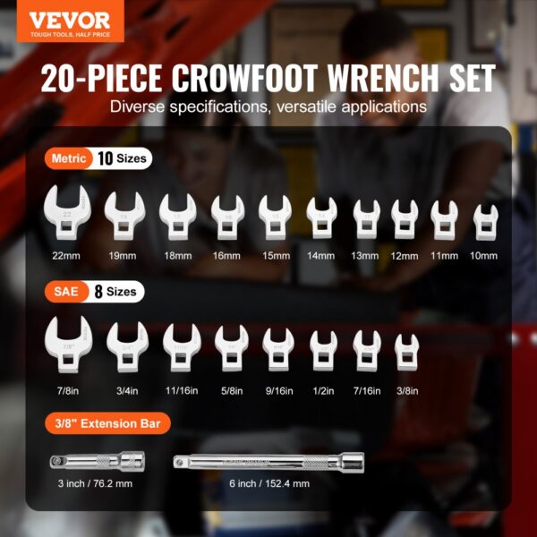 VEVOR crowfoot wrench set, 20-piece, including metric and sae sizes with 3/8" extension bars.