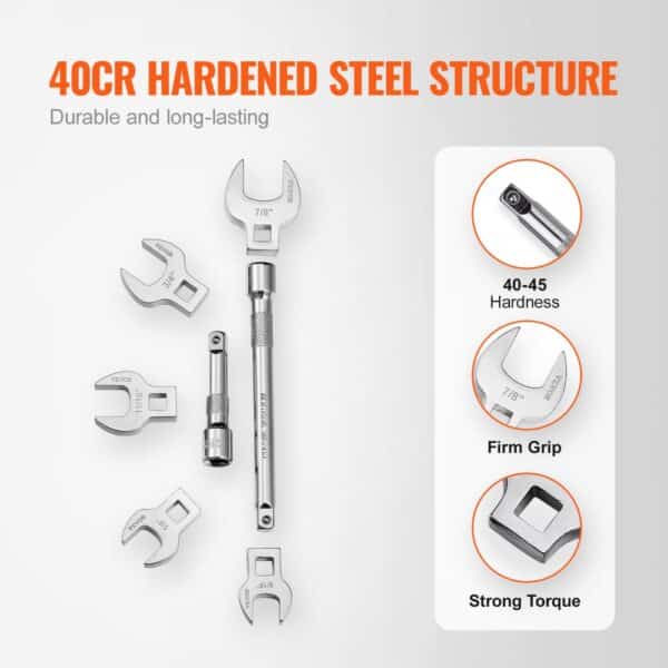 VEVOR crowfoot wrench set, 40cr hardened steel, durable, firm grip, strong torque, 40-45 hardness.