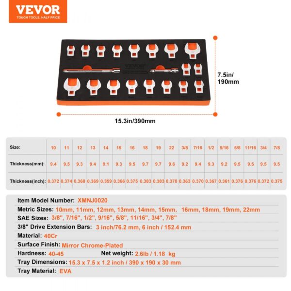 VEVOR crowfoot wrench set with various metric and sae sizes in a compact tray measuring 15.3in x 7.5in.