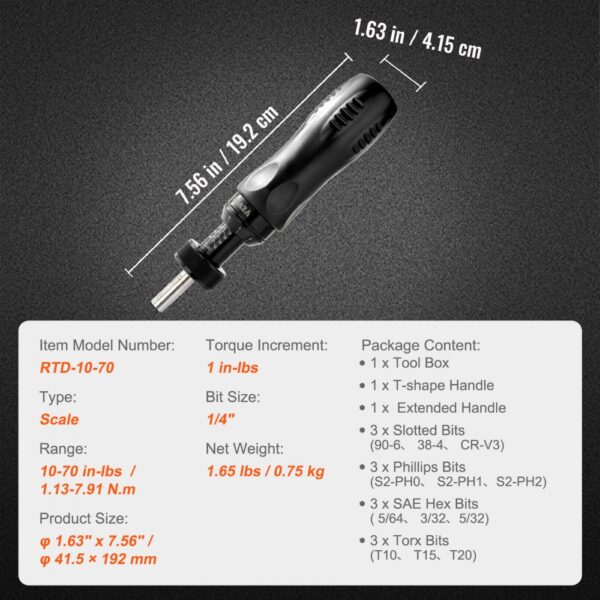 VEVOR Adjustable Torque Screwdriver 1/4" Range 10-70 in/lb w/ 1 in-lb Increment
