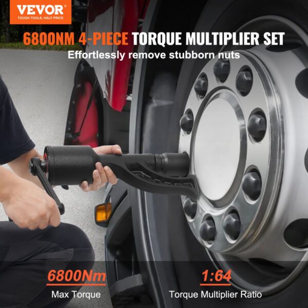 person using VEVOR torque multiplier set to loosen lug nuts on a large vehicle wheel.