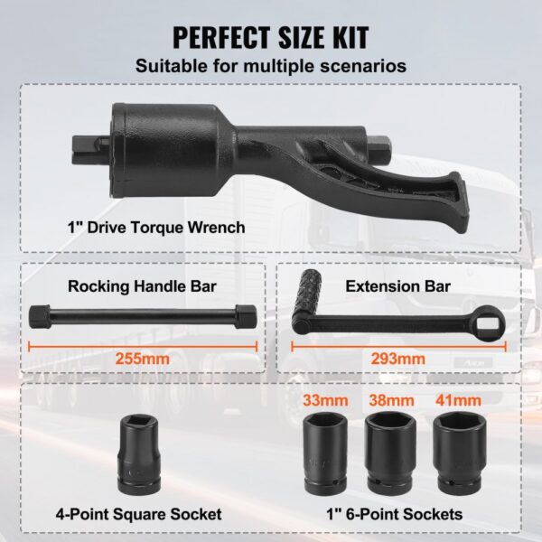 VEVOR torque multiplier kit with drive torque wrench, rocking handle bar, extension bar, and sockets.