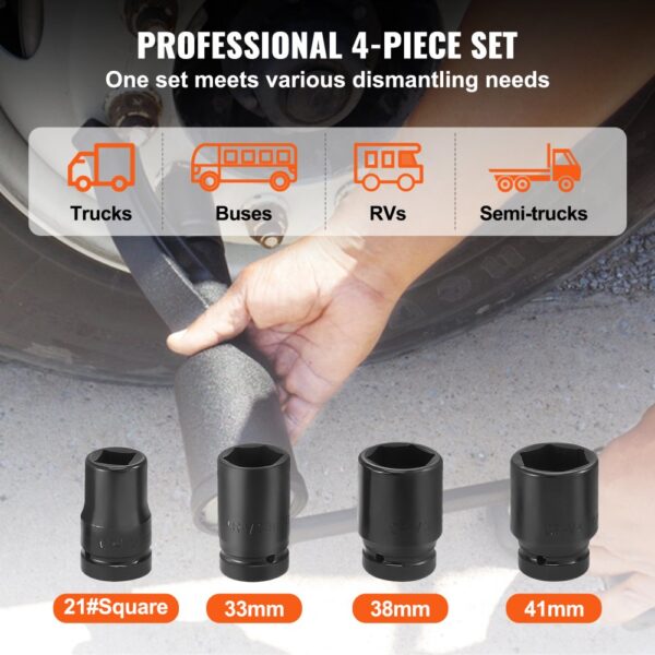 hand using VEVOR torque multiplier with professional 4-piece set for trucks, buses, rvs, and semi-trucks.