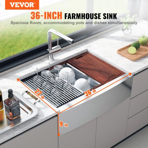 VEVOR 36-inch farmhouse sink with dishes and glasses on a drying rack, marble countertop, and faucet.