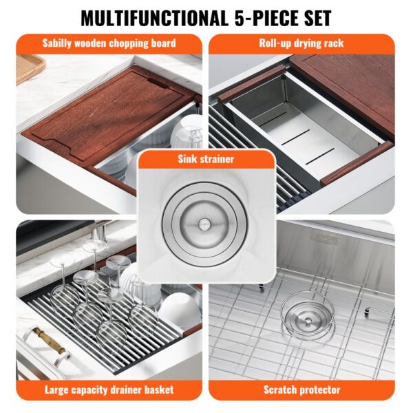 VEVOR farmhouse sink multifunctional 5-piece set with chopping board, drying rack, strainer, and basket.