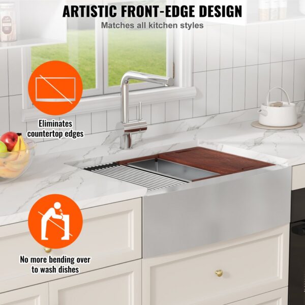 VEVOR farmhouse sink in modern kitchen, marble countertop, eliminates edges, no more bending over.