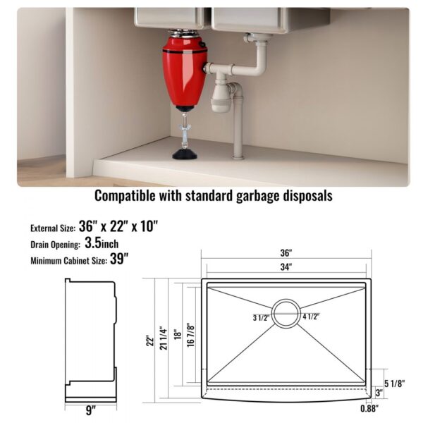 VEVOR farmhouse sink dimensions: 36" x 22" x 10", 3.5" drain opening, 39" minimum cabinet size.