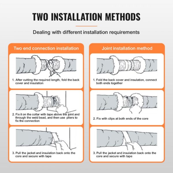 two installation methods for VEVOR dryer vent hose, detailed steps for both end connection and joint installation.