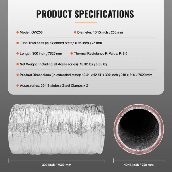 VEVOR dryer vent hose specifications: 300-inch length, 10.15-inch diameter, 0.98-inch thickness.