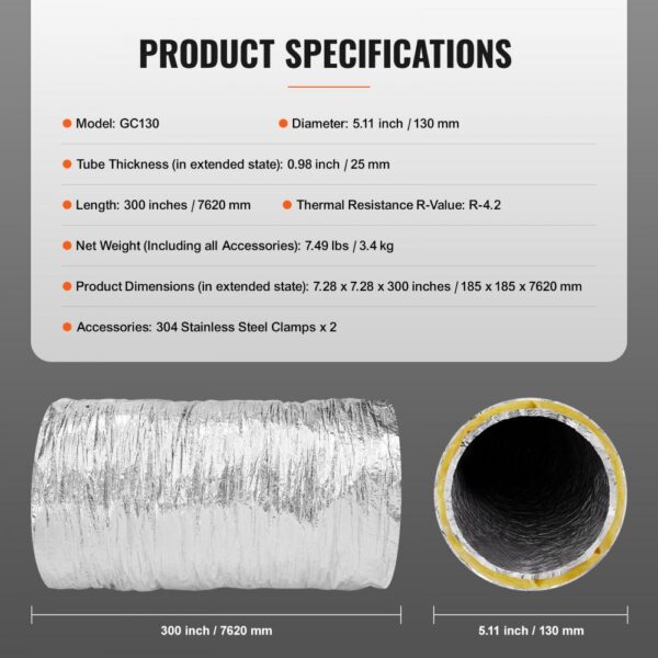 VEVOR dryer vent hose specifications: 5.11 inch diameter, 300 inches length, thermal resistance r-4.2.