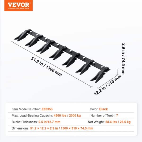 VEVOR bucket tooth bar, black, 51.2 in length, with 7 teeth. capacity: 4560 lbs, weight: 58.4 lbs.