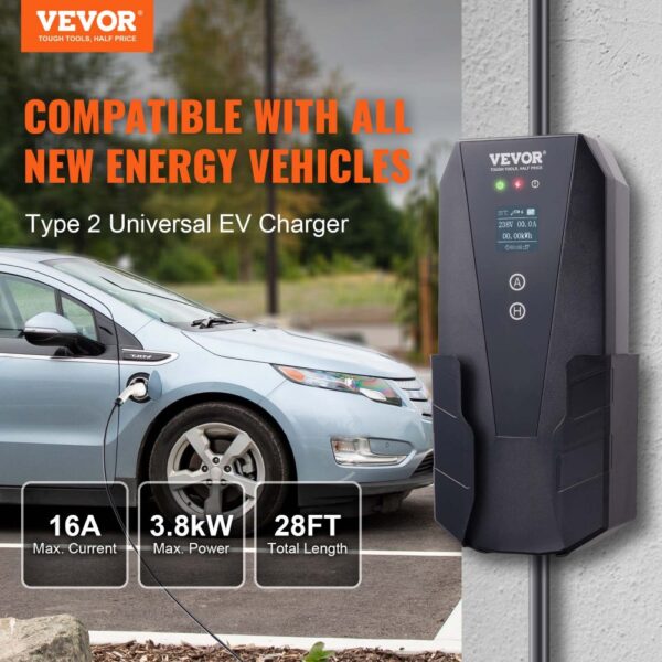 VEVOR Portable EV Charger Type 2, 16A 3.7kW, Electric Vehicle Car Charger with 28 ft Charging Cable CEE 7/7 Plug LCD Screen, IEC 62196 Home EV Charging Station with Carry Bag Charging Cable Hook, IP66