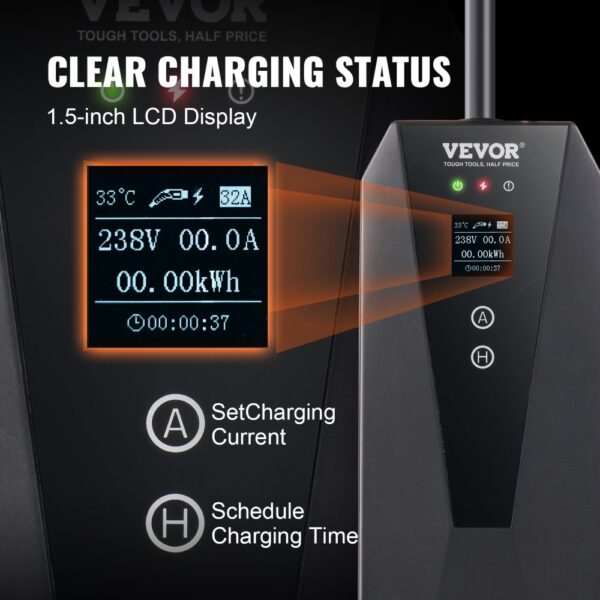 VEVOR Portable EV Charger Type 2, 16A 3.7kW, Electric Vehicle Car Charger with 28 ft Charging Cable CEE 7/7 Plug LCD Screen, IEC 62196 Home EV Charging Station with Carry Bag Charging Cable Hook, IP66