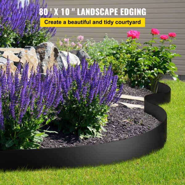 VEVOR landscape edging outlining vibrant flower beds in a clean and tidy backyard garden.