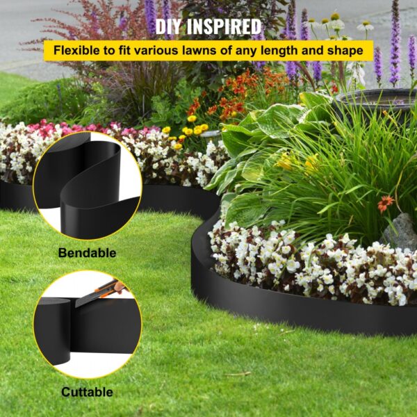 bendable and cuttable VEVOR landscape edging surrounds a lush garden with colorful flowers and greenery.