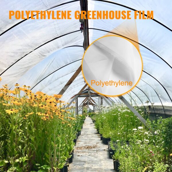 greenhouse with polyethylene film cover and blooming yellow flowers inside.