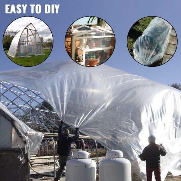 VEVOR greenhouse film being applied to a diy greenhouse structure.